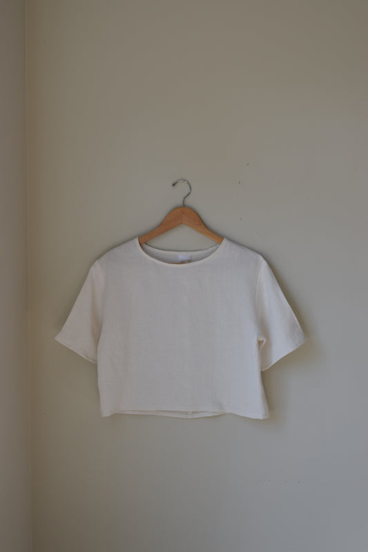 Cream Cropped Linen T-Shirt | XS